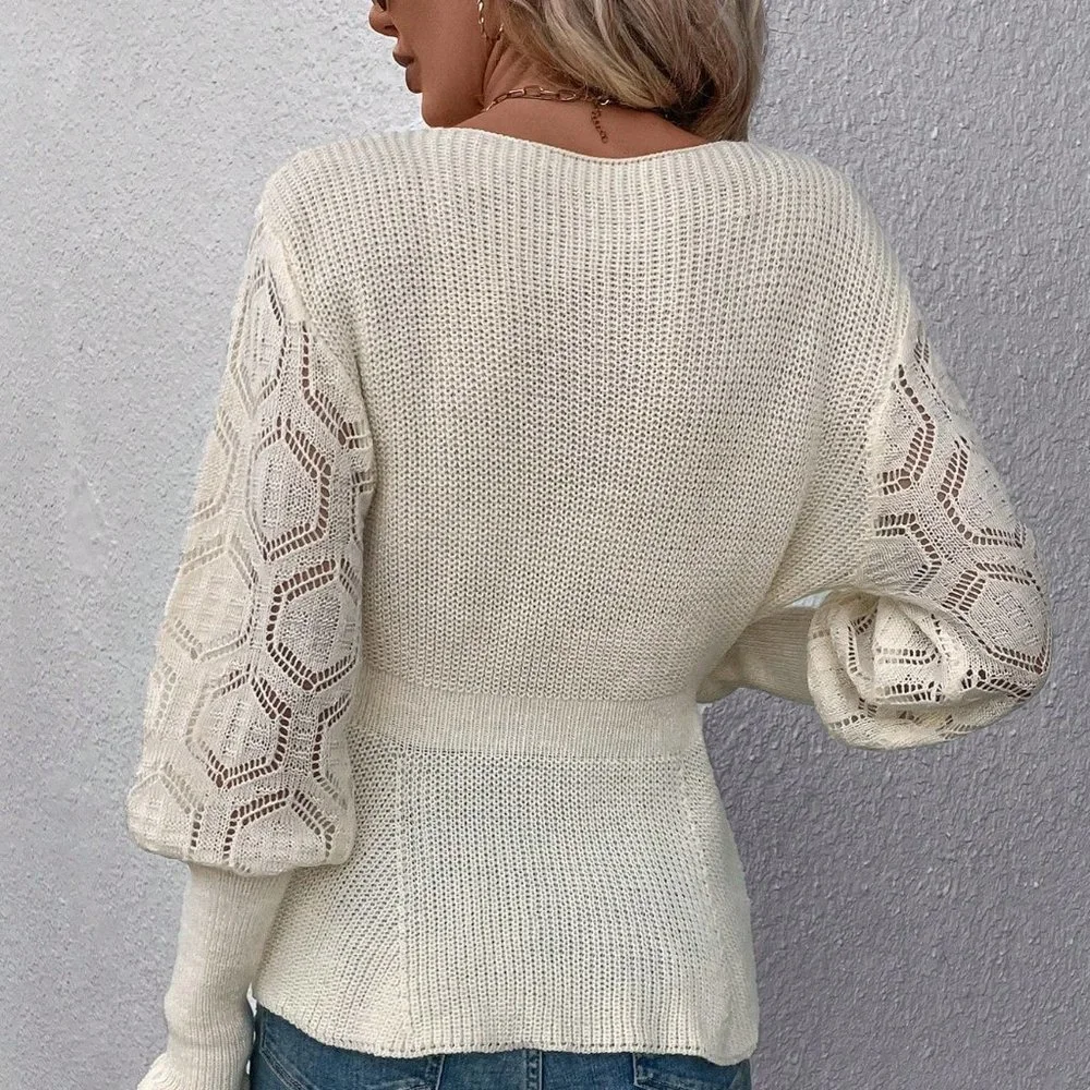 White Casual Womens Contrast Lace Peplum Sweater